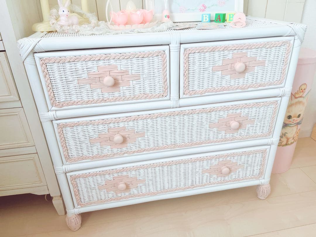 ♡お取り置きになりました♡ (30k)ラタン ブルー ホワイト チェスト