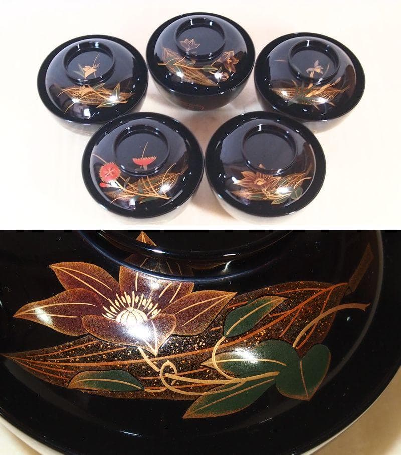【美品】輪島塗 五島屋謹製 絵変わり草花蒔絵 煮物椀5客 雑煮椀/大椀 漆器食器