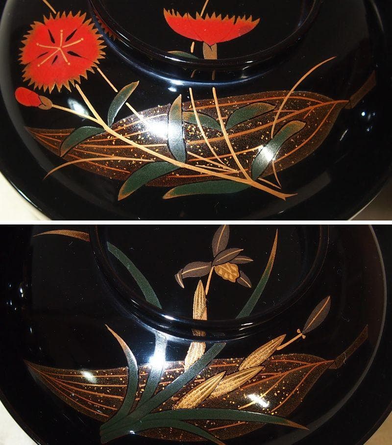 【美品】輪島塗 五島屋謹製 絵変わり草花蒔絵 煮物椀5客 雑煮椀/大椀 漆器食器