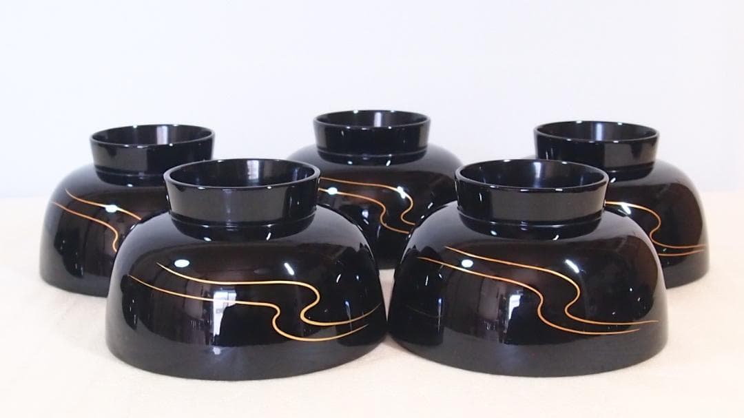 【美品】輪島塗 五島屋謹製 絵変わり草花蒔絵 煮物椀5客 雑煮椀/大椀 漆器食器