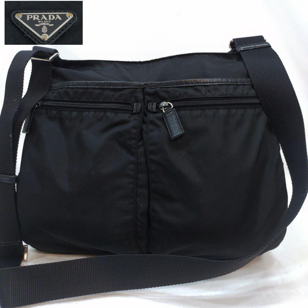 プラダ メッセンジャーバッグ レザー×ナイロン A4可 三角ロゴ ブラック