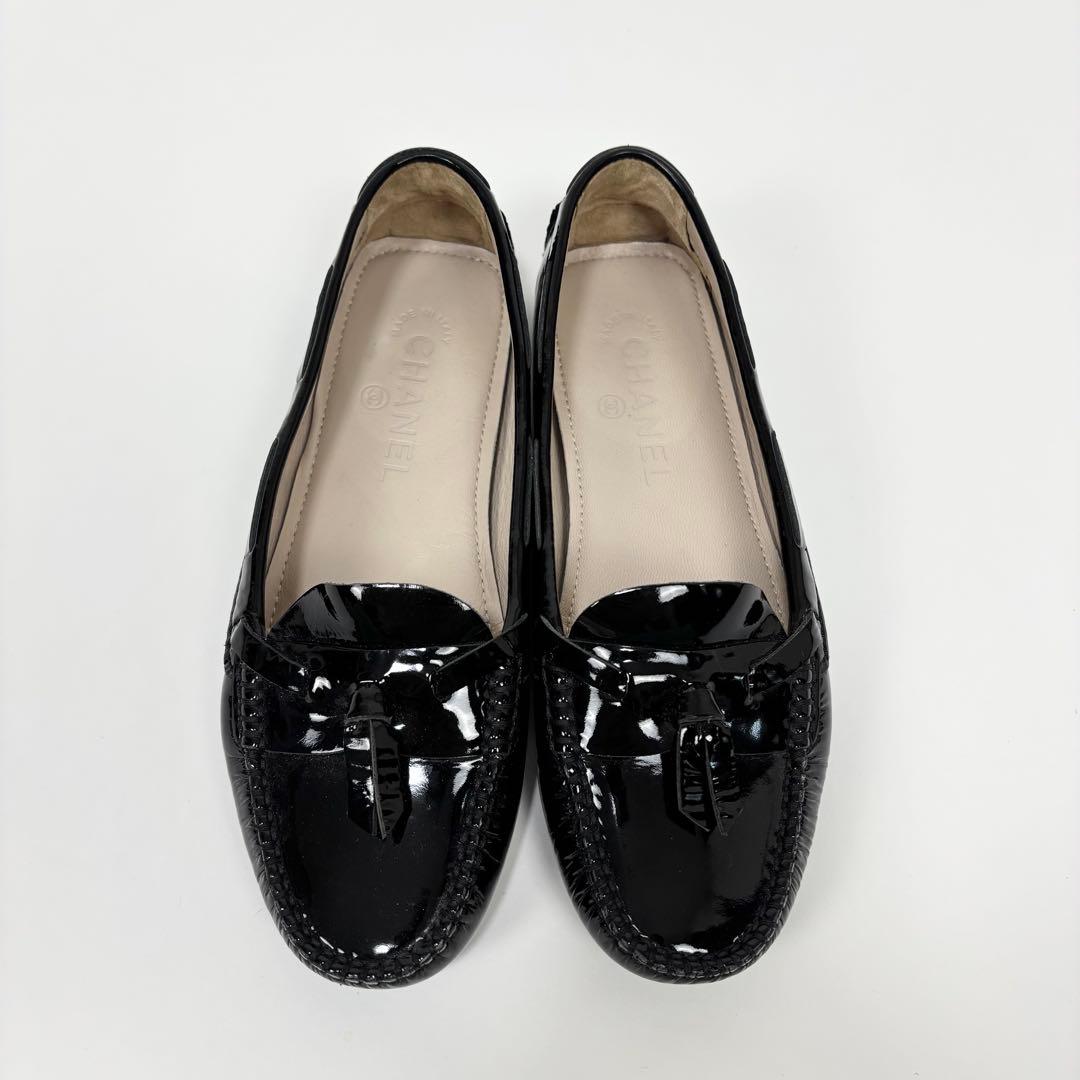 CHANEL ココマーク エナメル ドライバーズシューズ ローファー 黒 37