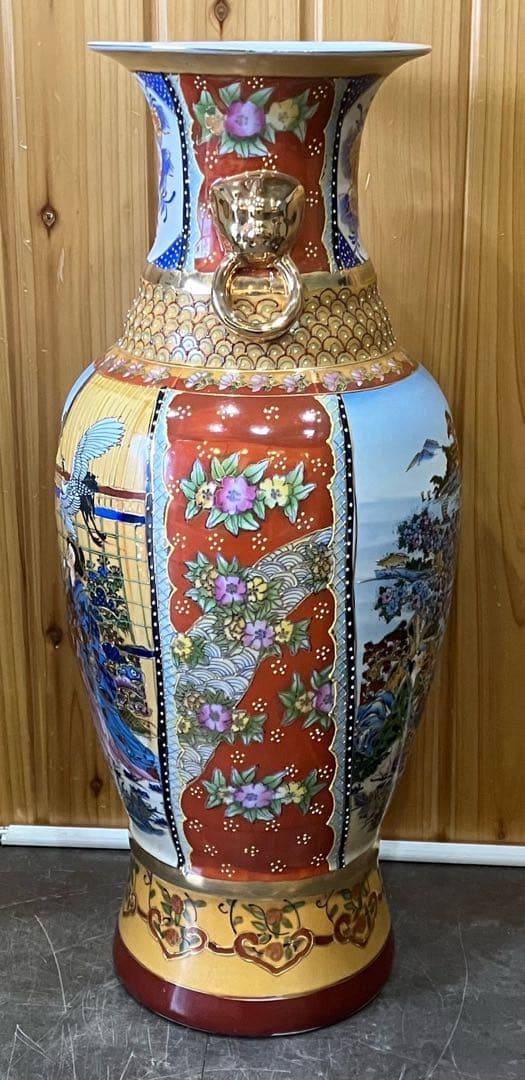 【大型花瓶】壺 花器 高級陶器 中国満州 花鳥風月 美人図 骨董品