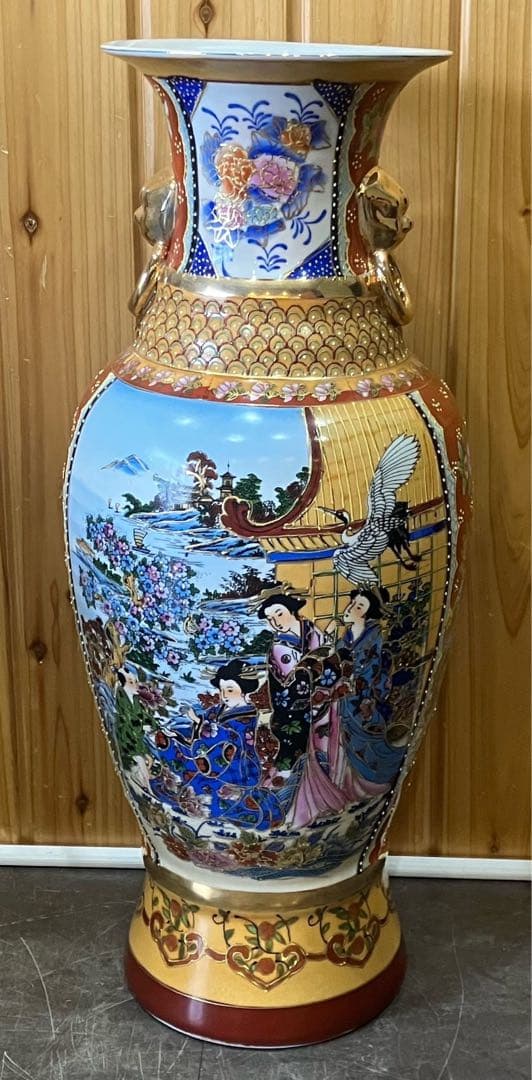 【大型花瓶】壺 花器 高級陶器 中国満州 花鳥風月 美人図 骨董品