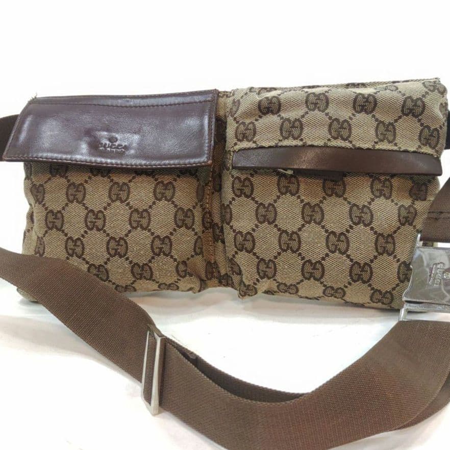 グッチ ボディバッグ ウエストポーチ レザー×キャンバス GG柄 ブラウン
