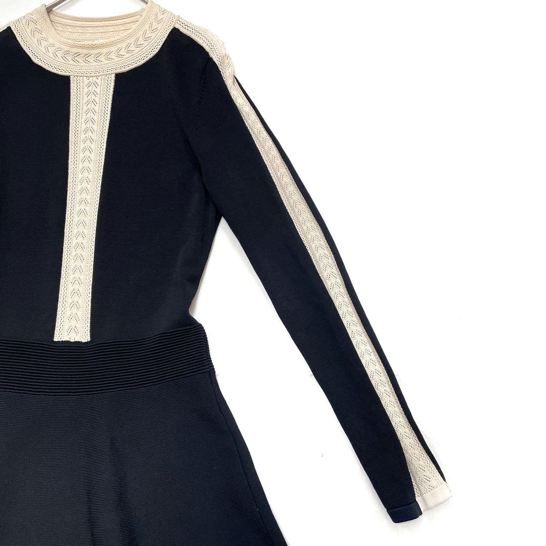 サンドロ　ニットワンピース　バイカラー　レース ブラック　アイボリー　Sサイズ