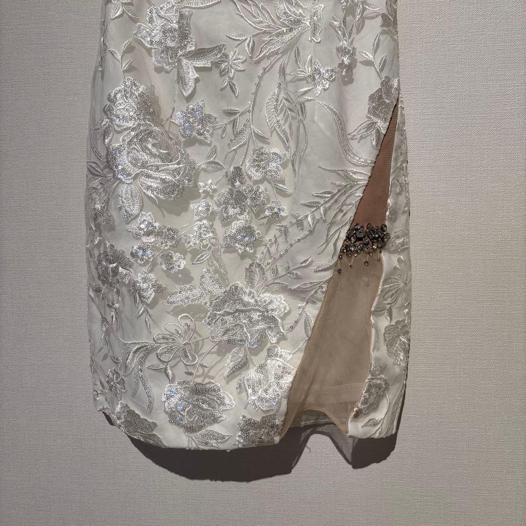 glossy アシンメトリービジューラインレースタイトミニドレス