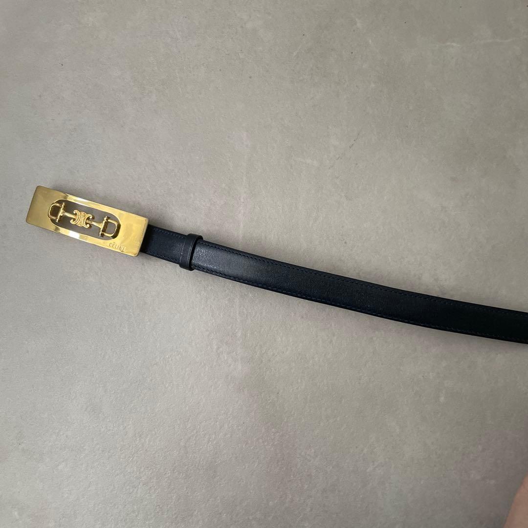 セリーヌ CELINE レザー ベルト トリオンフ金具 プレート ネイビー 65