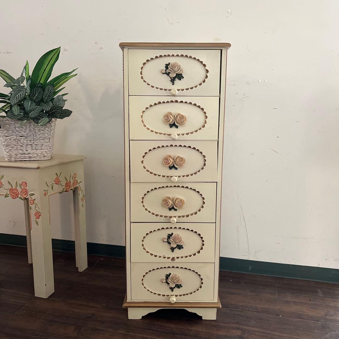 k517r122 フレンチカントリー調 スリムな木製チェスト ローズレリーフ