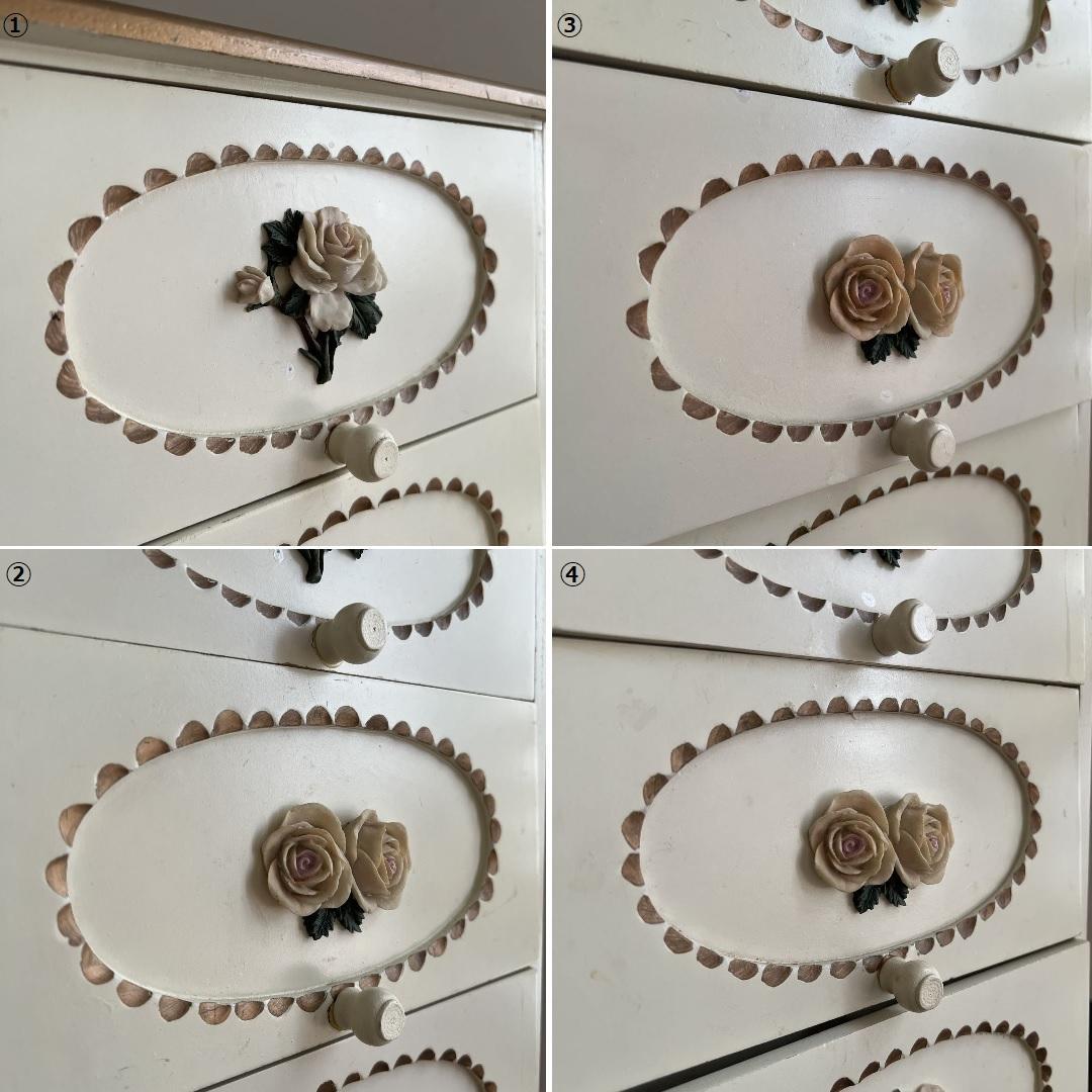 k517r122 フレンチカントリー調 スリムな木製チェスト ローズレリーフ