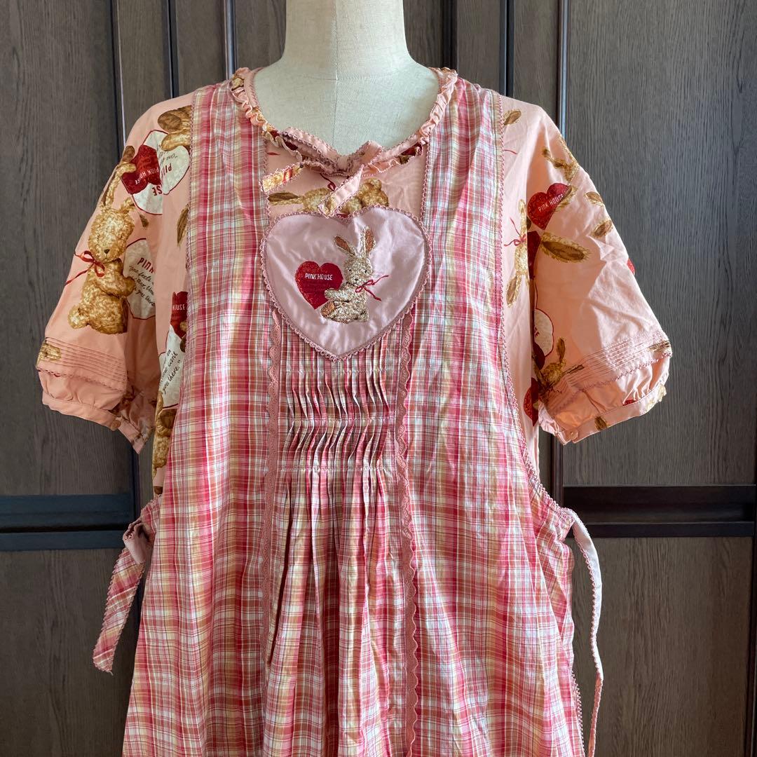 ピンクハウス　半袖 パフスリーブ ワンピース くまちゃん うさぎちゃん