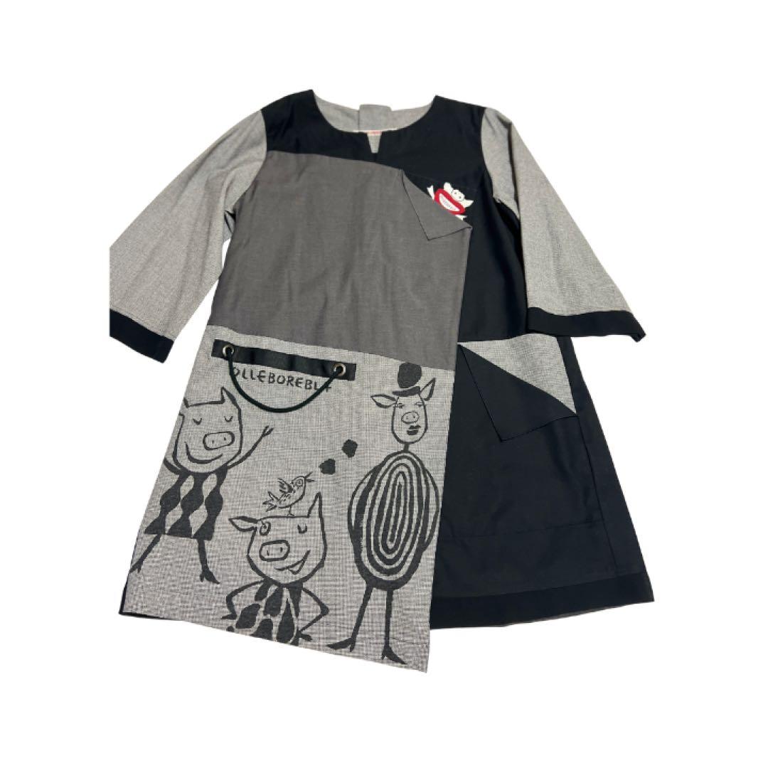 アルベロベロ七分袖ぶたさんプリントパッチワークチュニック　モノトーン