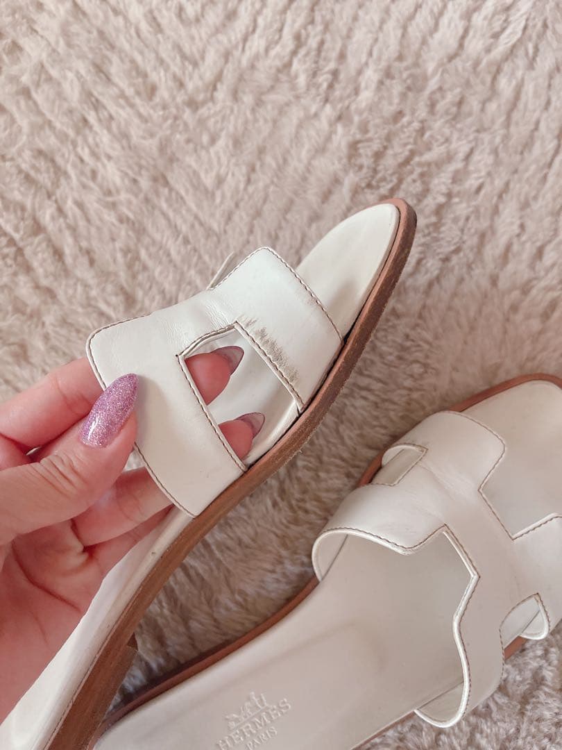 ホワイト レザー フラットサンダル 37