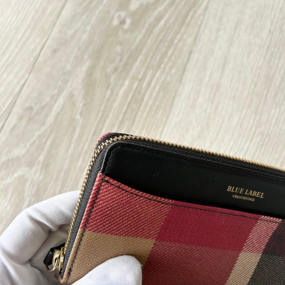 【美品】ブルーレーベルクレストブリッジ 長財布 ラウンドファスナー チェック黒赤