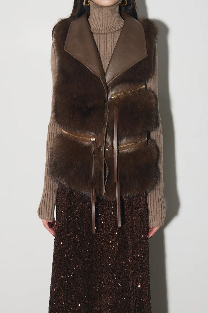 ANDREA&Co. 新品未使用 フェイクファーライダースベスト　ブラウン