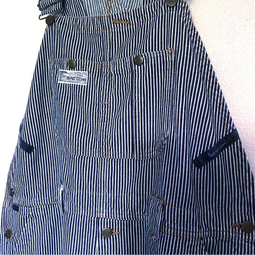 PAPAS パパス ヒッコリー オーバーオール 紺×白　M〜L メンズ　美品