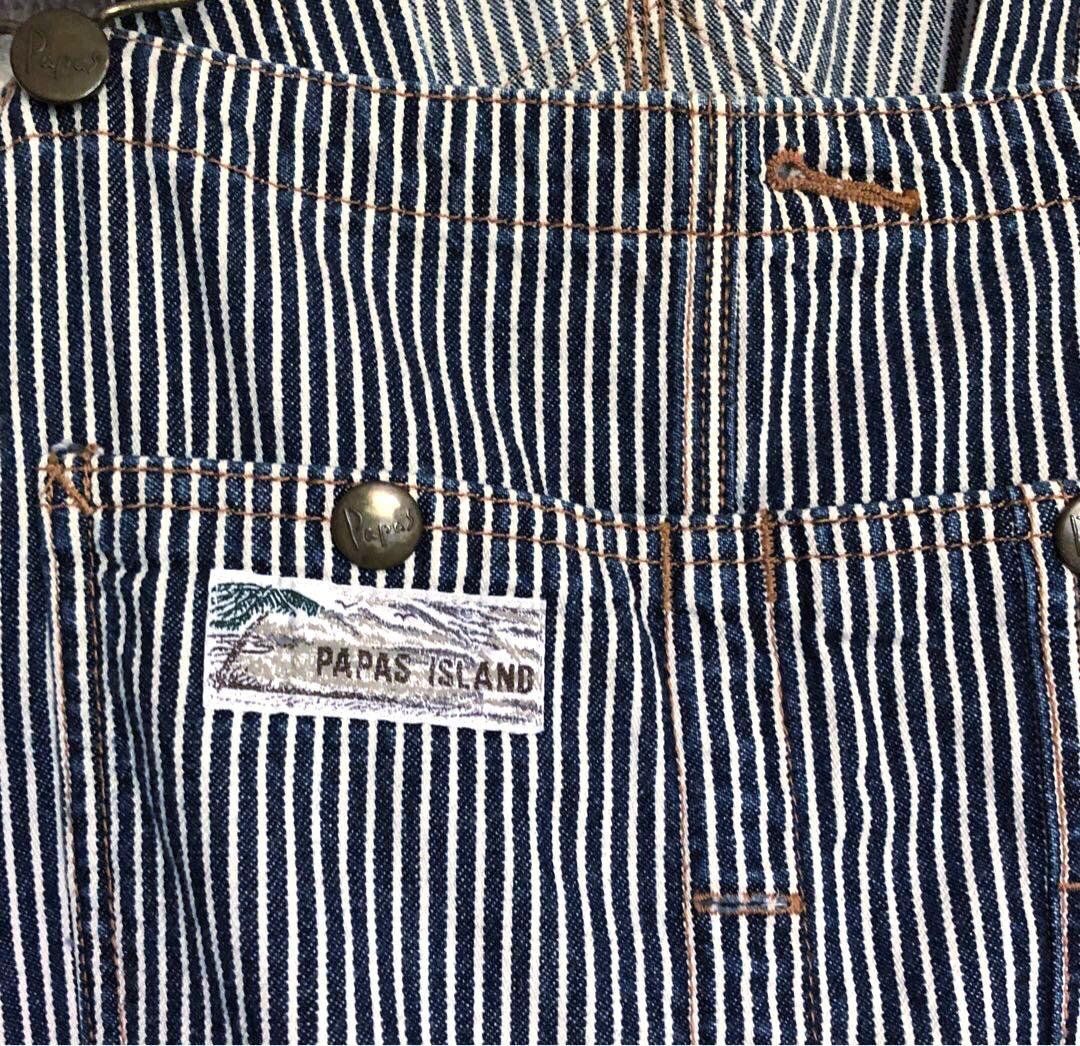 PAPAS パパス ヒッコリー オーバーオール 紺×白　M〜L メンズ　美品
