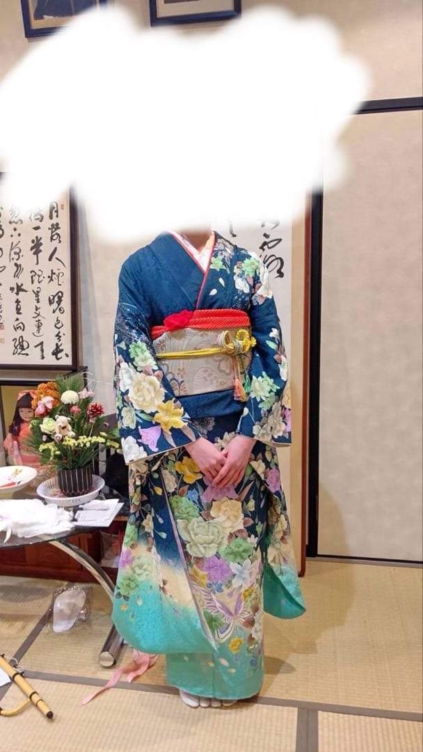 成人式　振袖　緑　青　エメラルドグリーン　クローバー　帯　フルセット