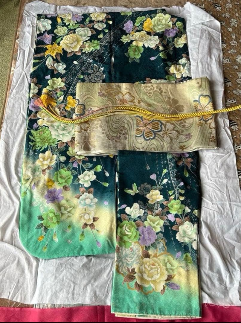 成人式　振袖　緑　青　エメラルドグリーン　クローバー　帯　フルセット