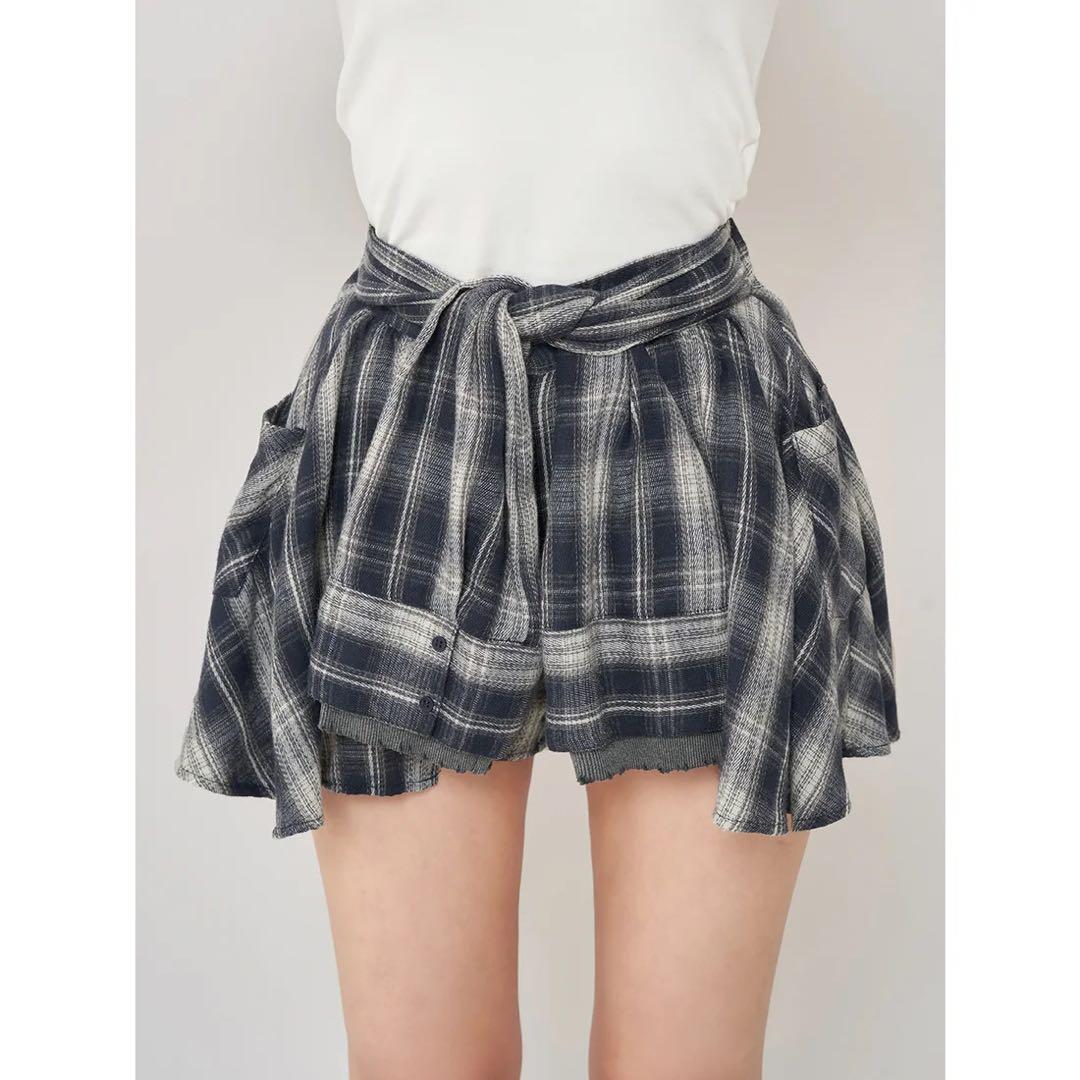 新品タグ付き ダーリッチ レイヤードチェックショートパンツ ネイビー