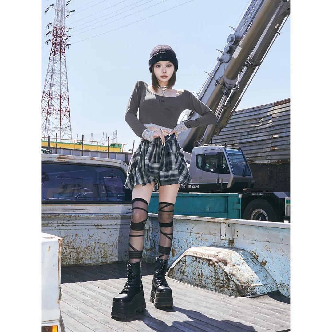 新品タグ付き ダーリッチ レイヤードチェックショートパンツ ネイビー