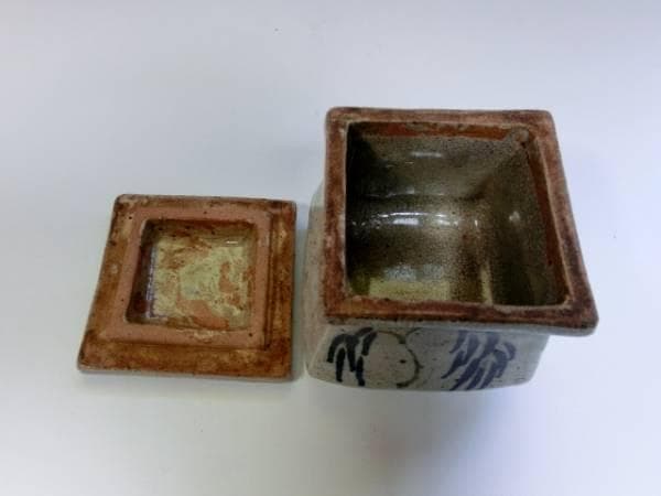 蓋物■柳の絵 古い染付貫入鉢 蓋鉢 四角 時代物 骨董品 古美術■