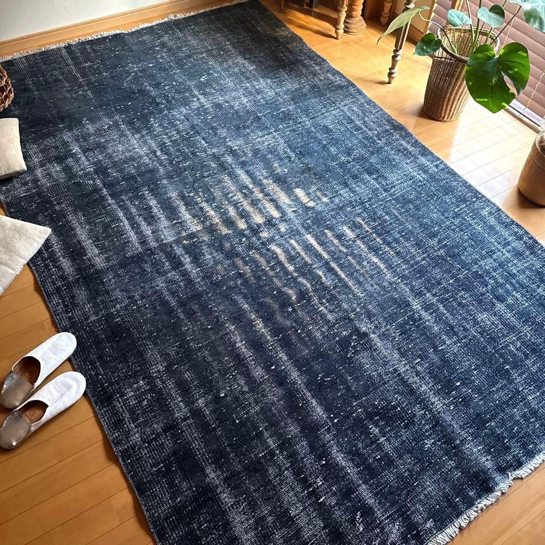 超大判161×261 レア藍色ブルー　オーバーダイ　トルコヴィンテージラグ