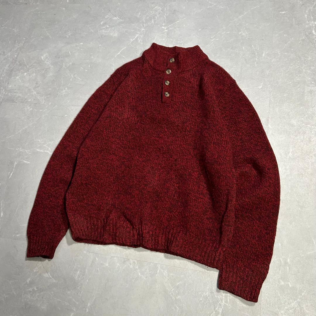 90s L.L.Bean ハーフスナップ ラムウール100 ニット レッド 古着