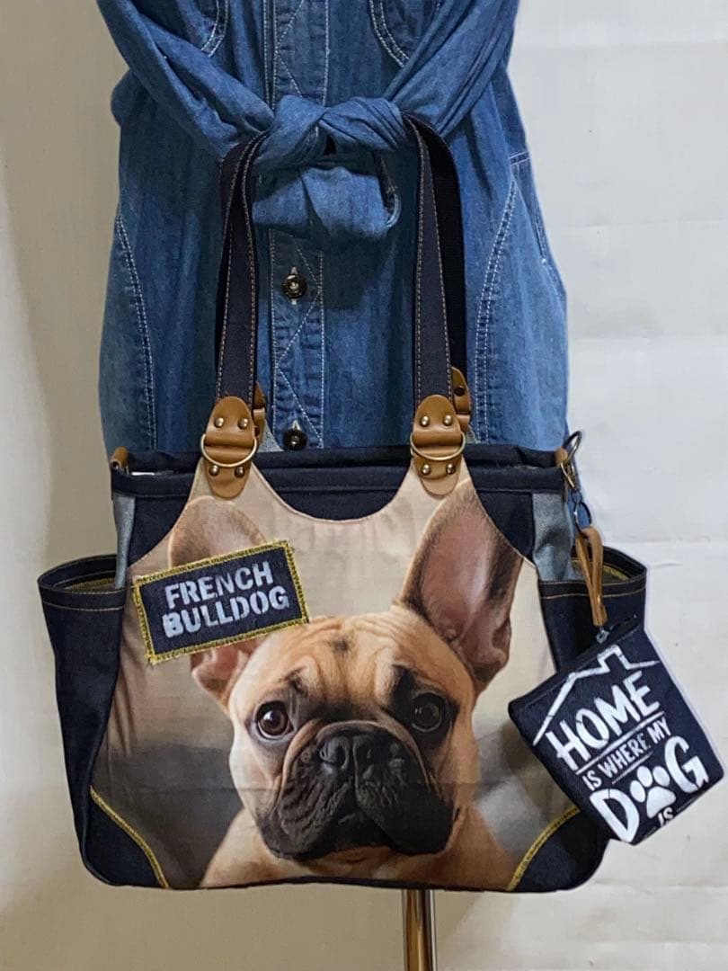 ☆岡山デニム☆フレンチブルドッグ☆特大ステンシル☆4wayあおりバッグ