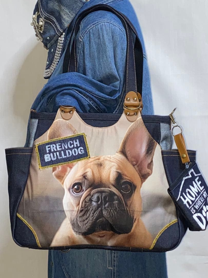 ☆岡山デニム☆フレンチブルドッグ☆特大ステンシル☆4wayあおりバッグ
