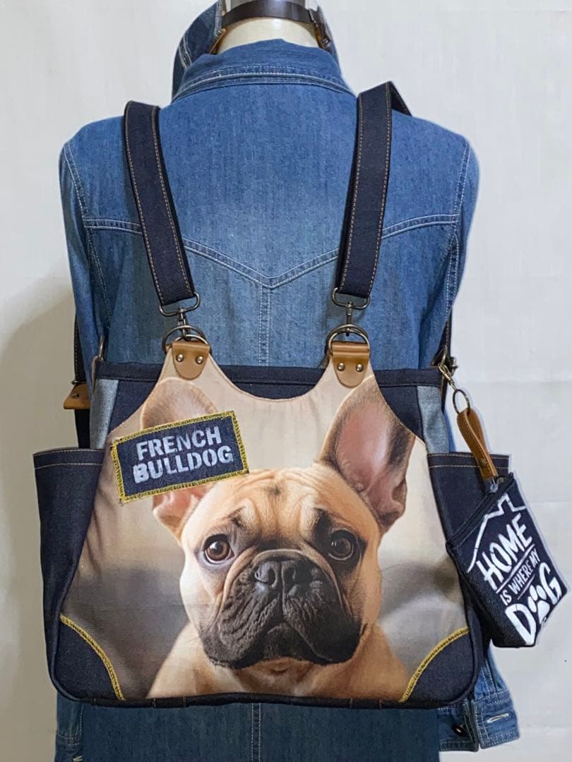 ☆岡山デニム☆フレンチブルドッグ☆特大ステンシル☆4wayあおりバッグ