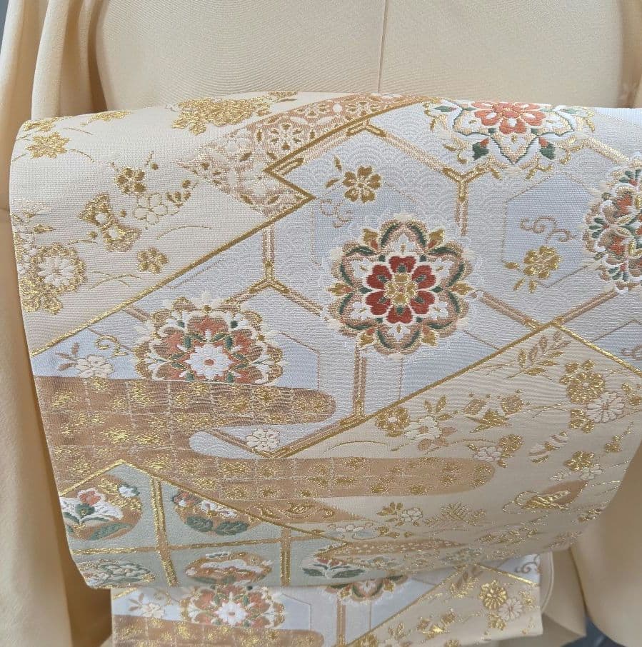 トールサイズ作家物付け下げ訪問着4点フルセット、着物、袋帯、帯締め、帯揚げ