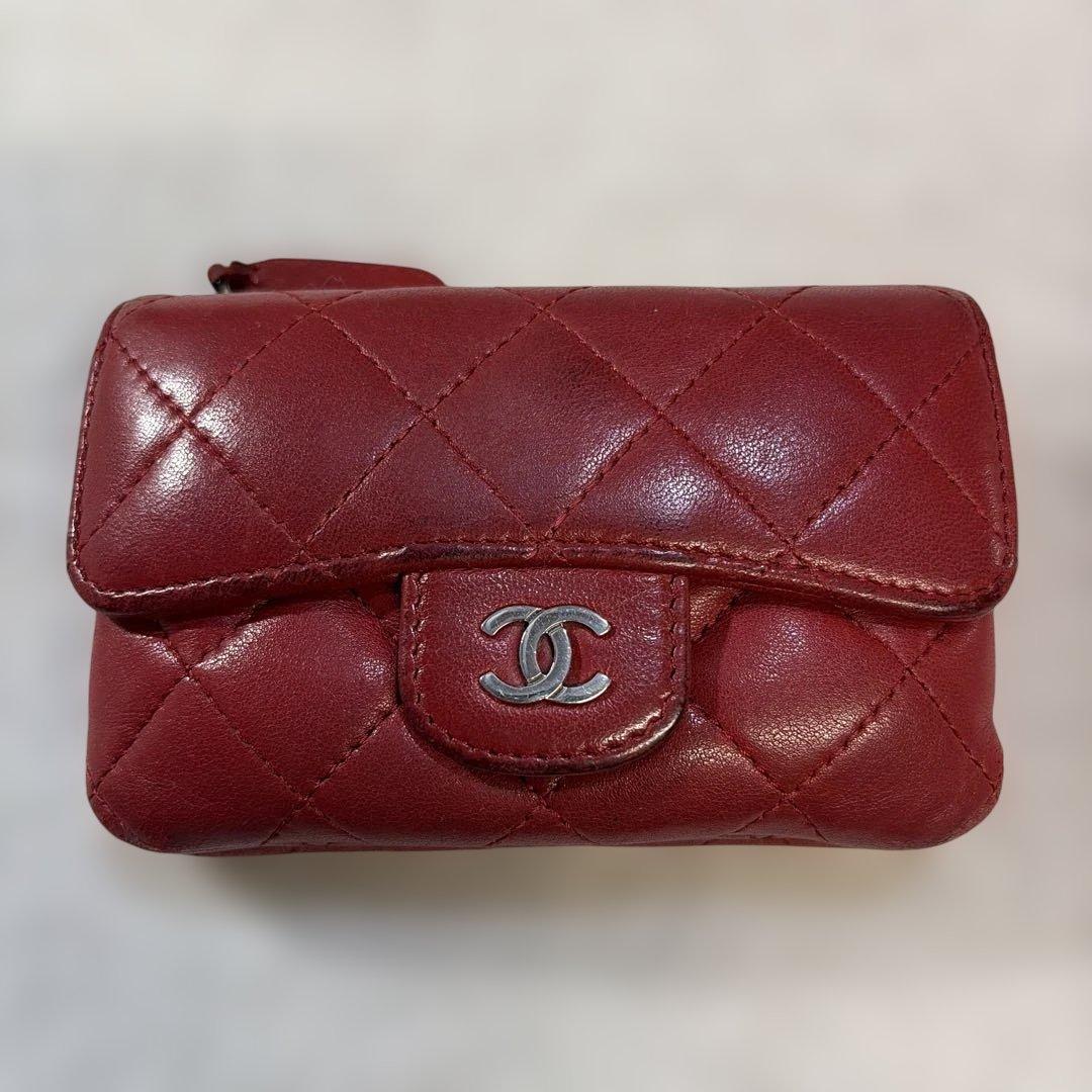 シャネル ココマーク マトラッセ ラムスキン コンパクトウォレット 財布 レッド