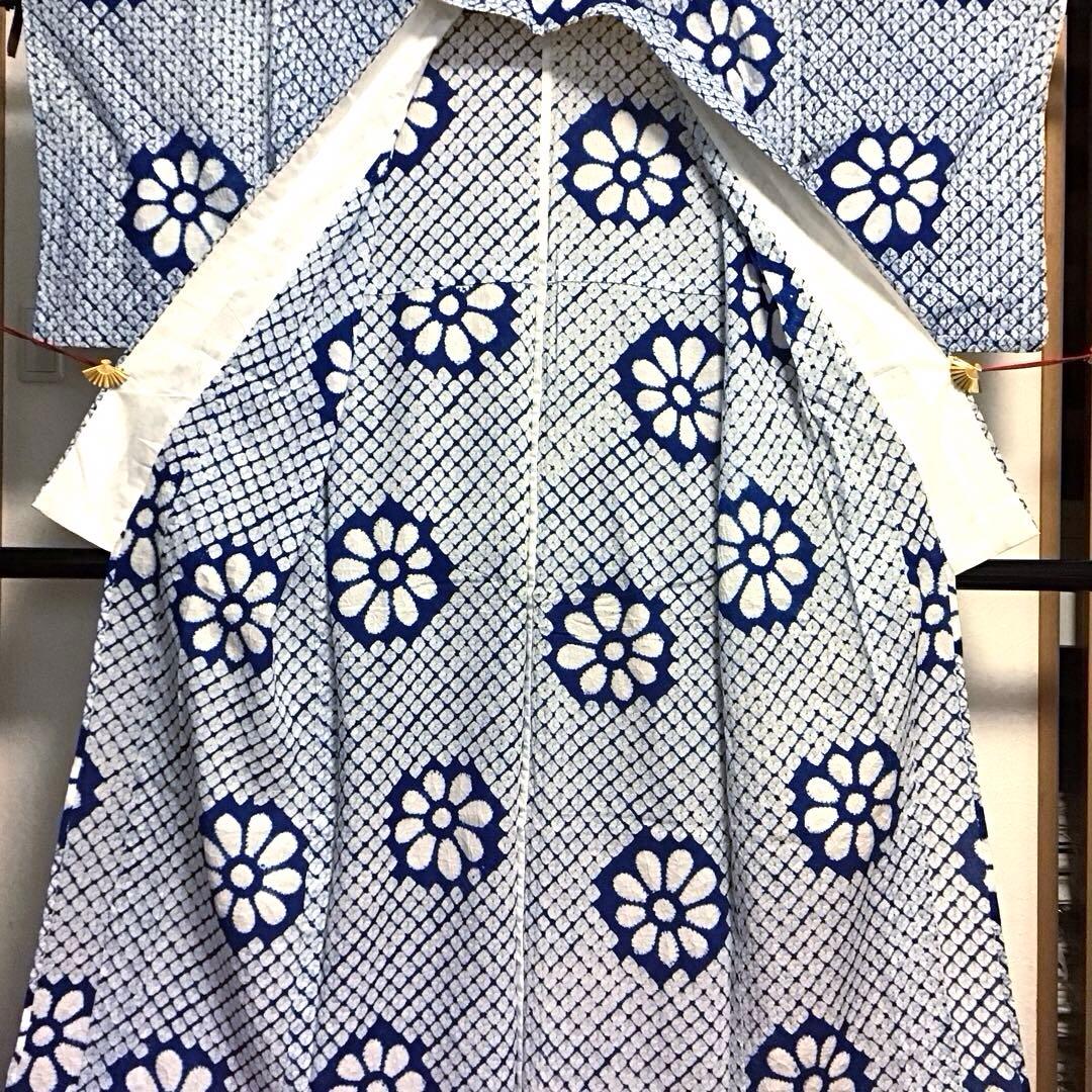 未使用☆本場有松絞り☆誂え浴衣☆広衿☆青色系☆匿名配送