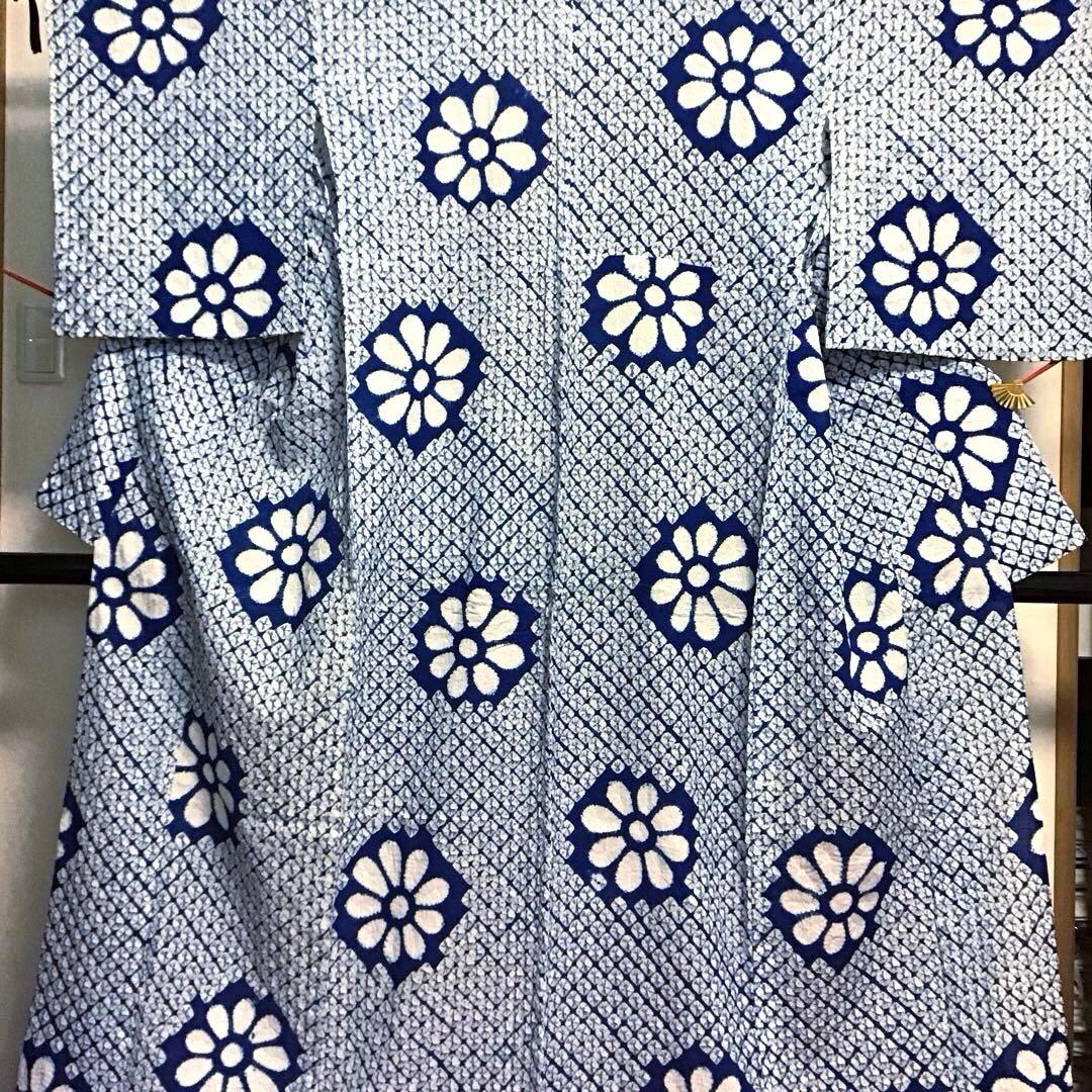 未使用☆本場有松絞り☆誂え浴衣☆広衿☆青色系☆匿名配送