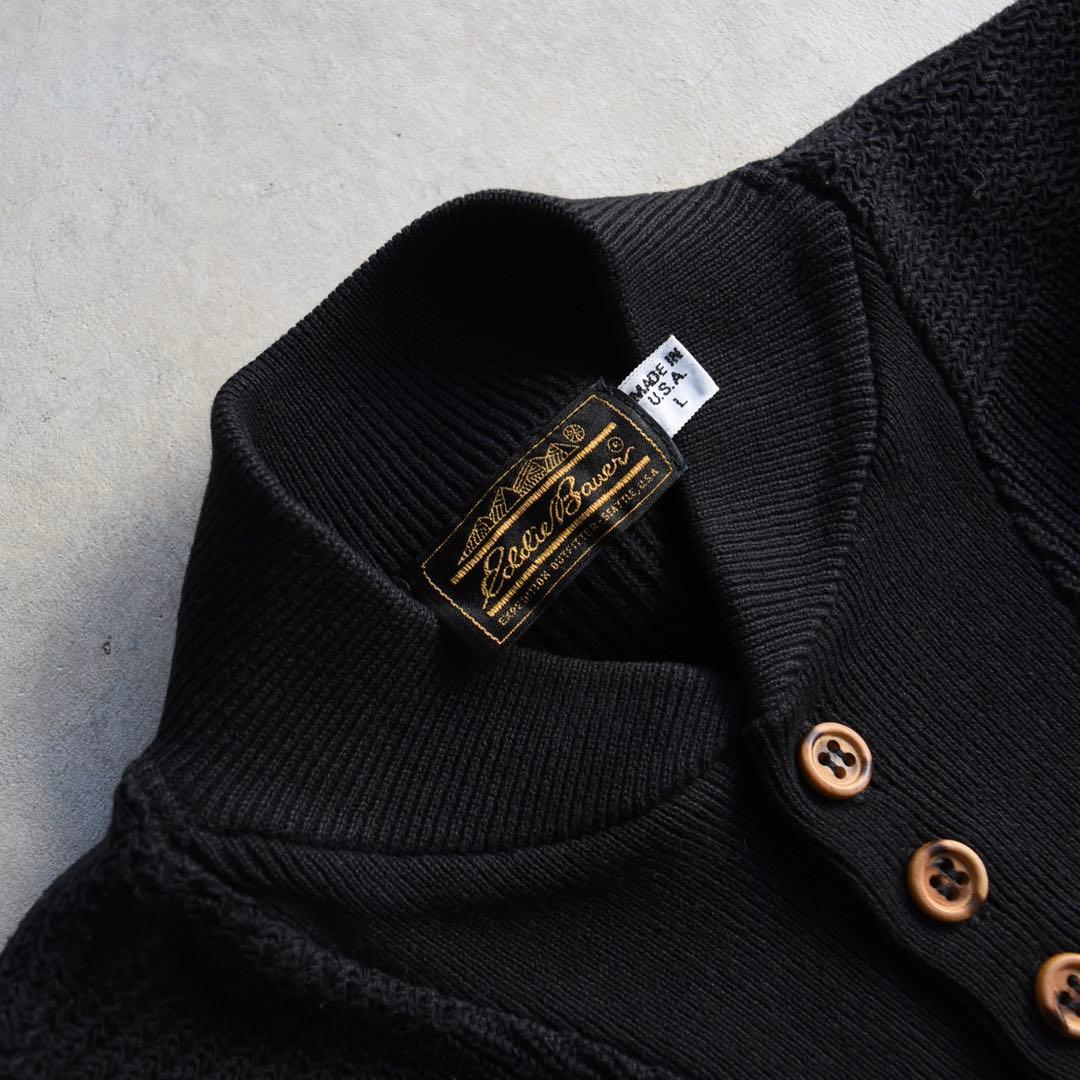 80s エディーバウアー ヘンリーネック コットンニットセーター 黒 USA製L