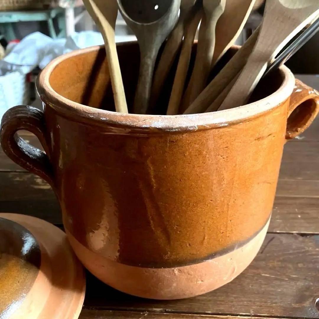 フランスアンティーク　プロヴァンス　南仏　コンフィポット　壺　蓋付き