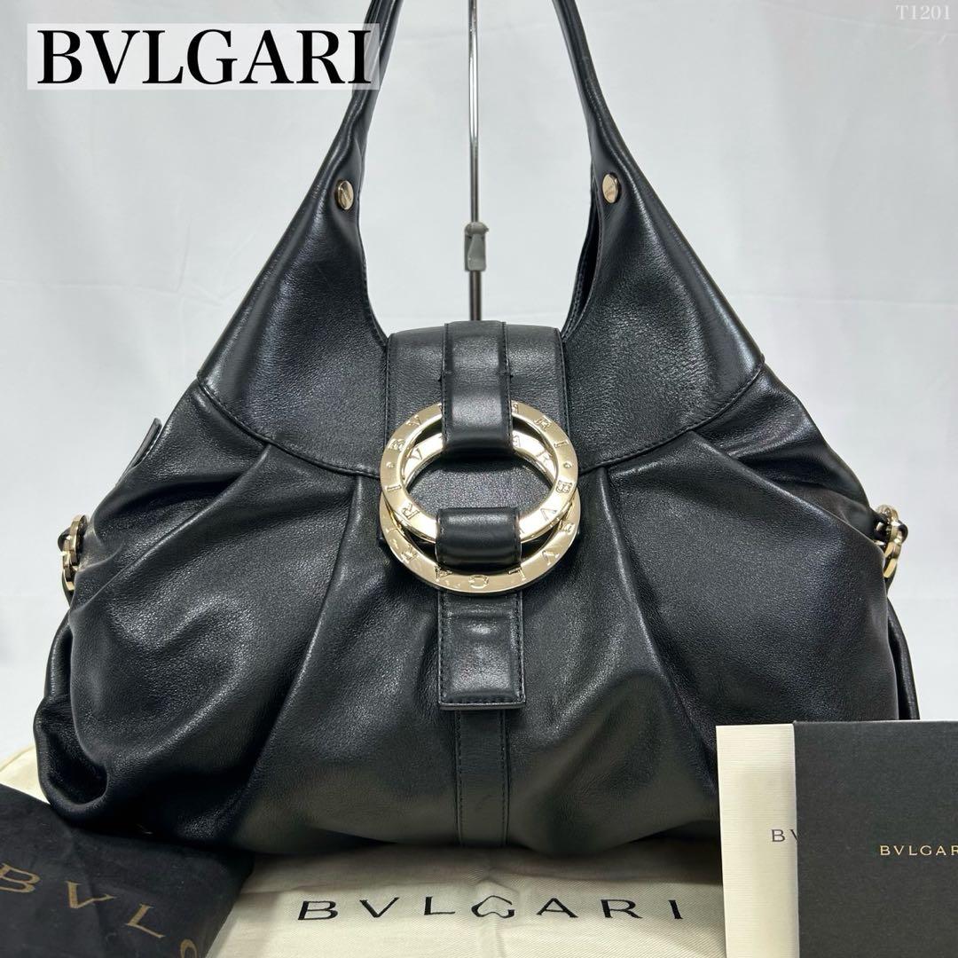 【極美品/保存袋付】ブルガリ チャンドラ ハンドバッグ レザー サークルロゴ 黒