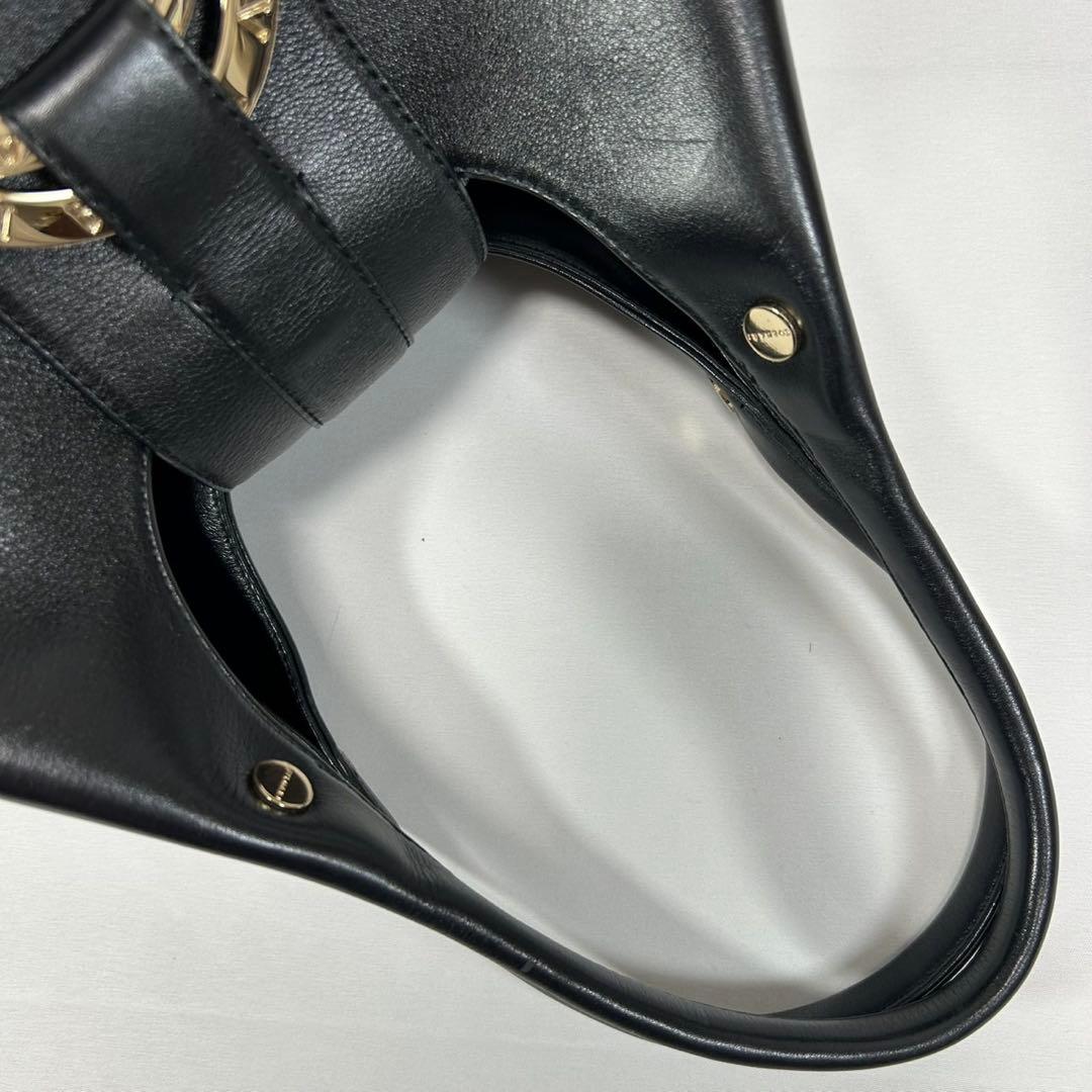 【極美品/保存袋付】ブルガリ チャンドラ ハンドバッグ レザー サークルロゴ 黒