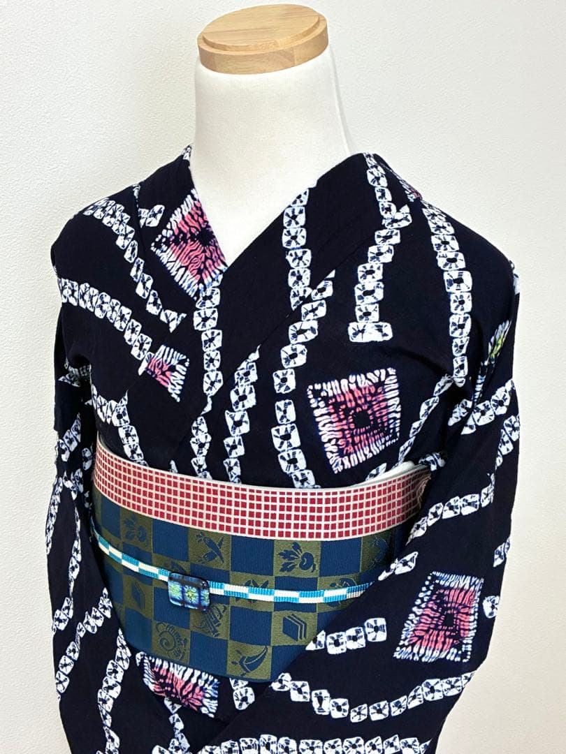 浴衣　有松鳴海絞り　流線にスクエア　裄67cm