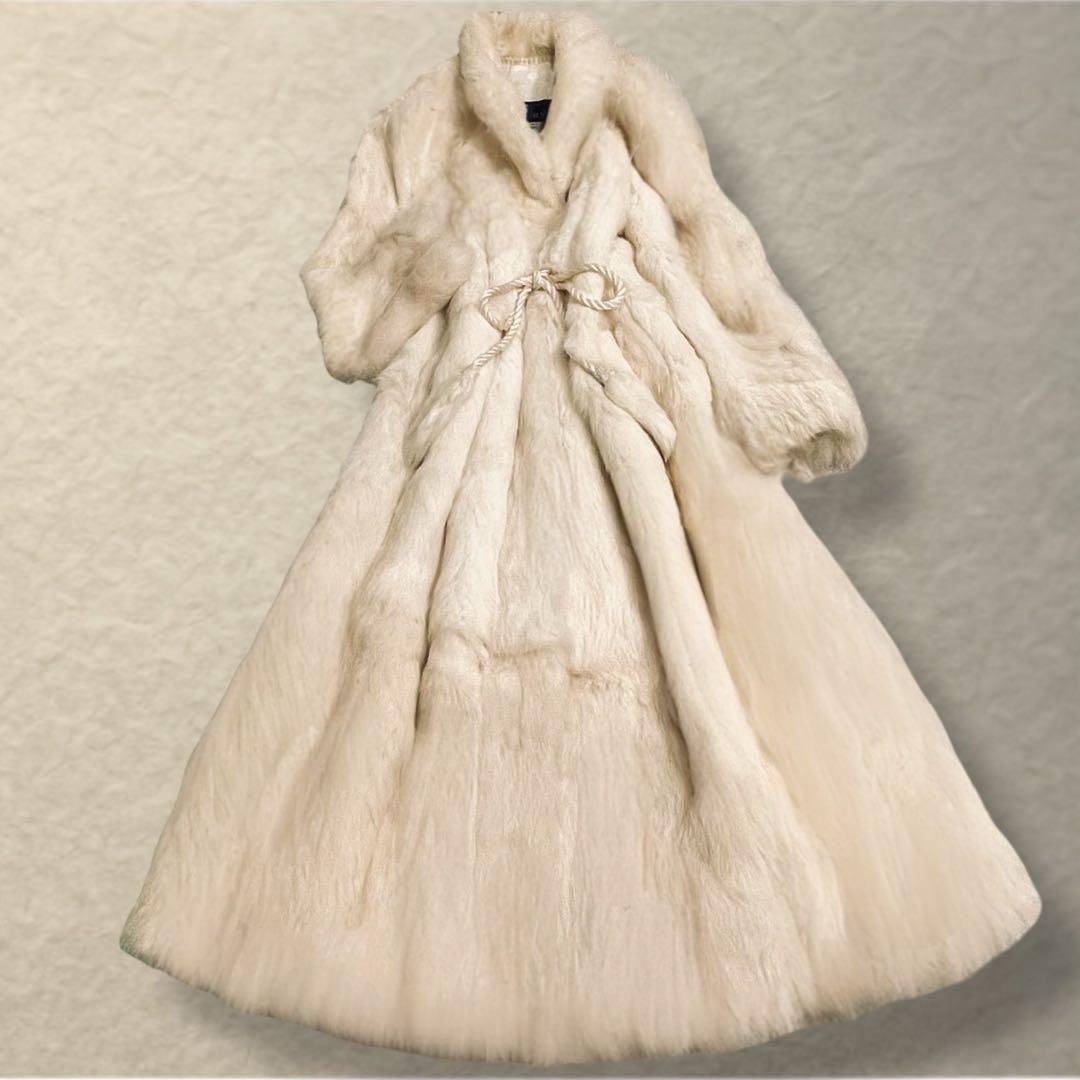 リアルファー ラビット ロングコート 着丈115cm ウエストマーク ホワイト系