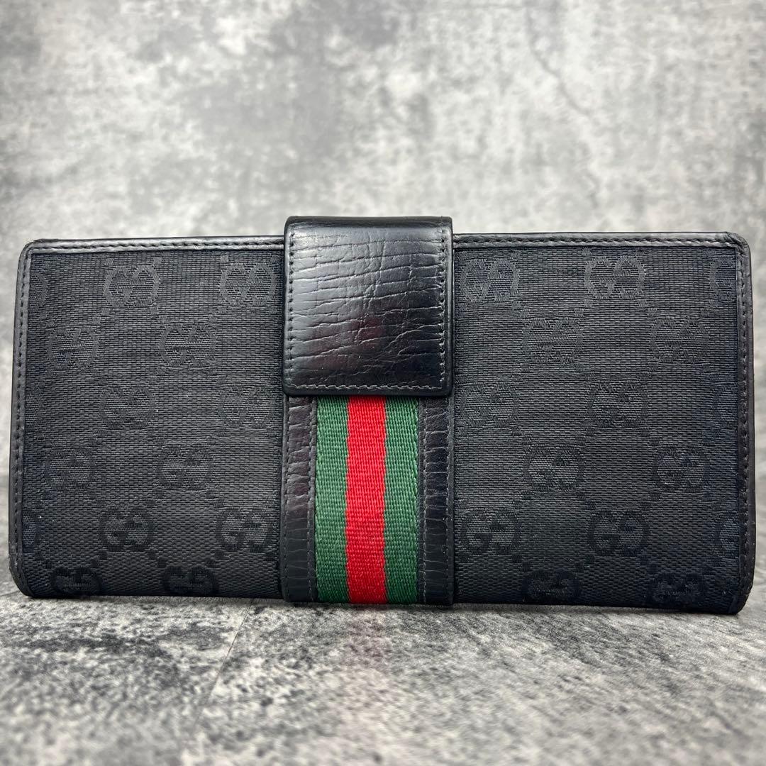 GUCCI グッチ GGキャンバス レザー シェリーライン 長財布 ブラック