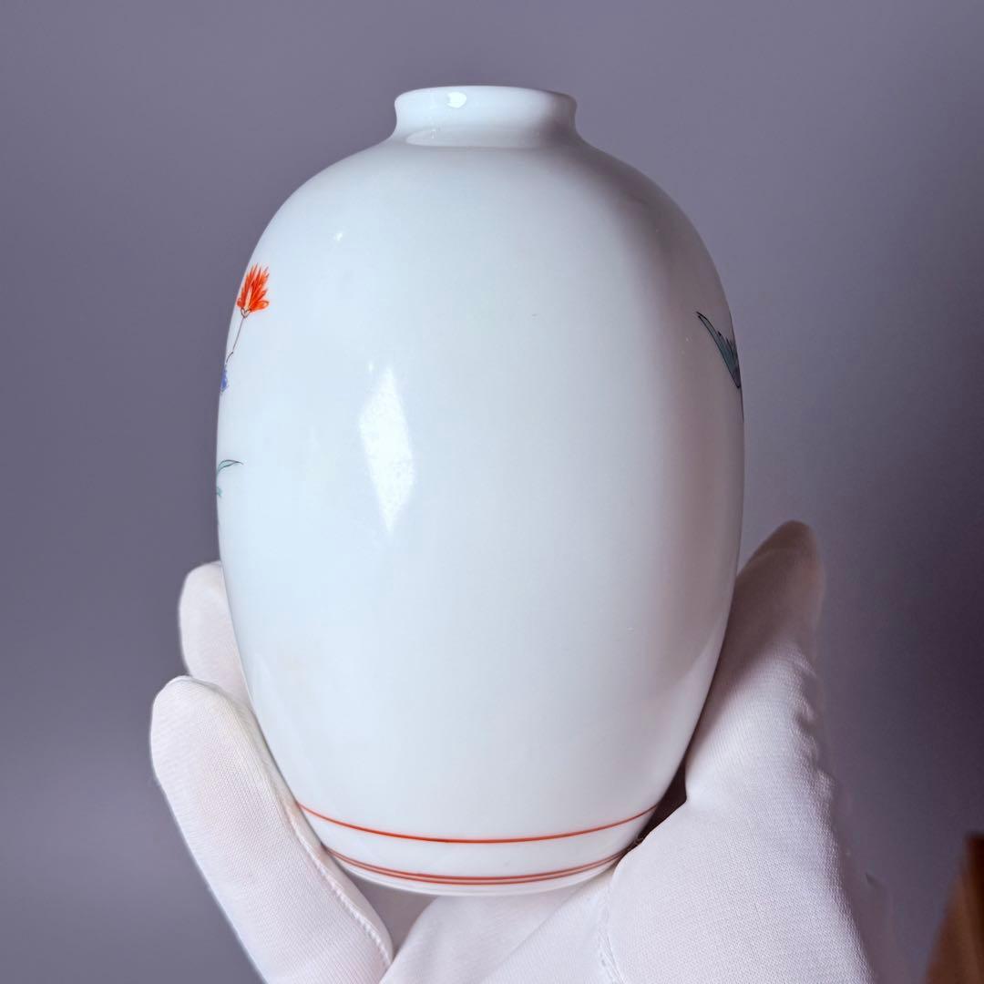 国重要無形文化財　十三代酒井田柿右衛門　錦菊鳥文花瓶　共箱　本物保証　柿色の赤絵