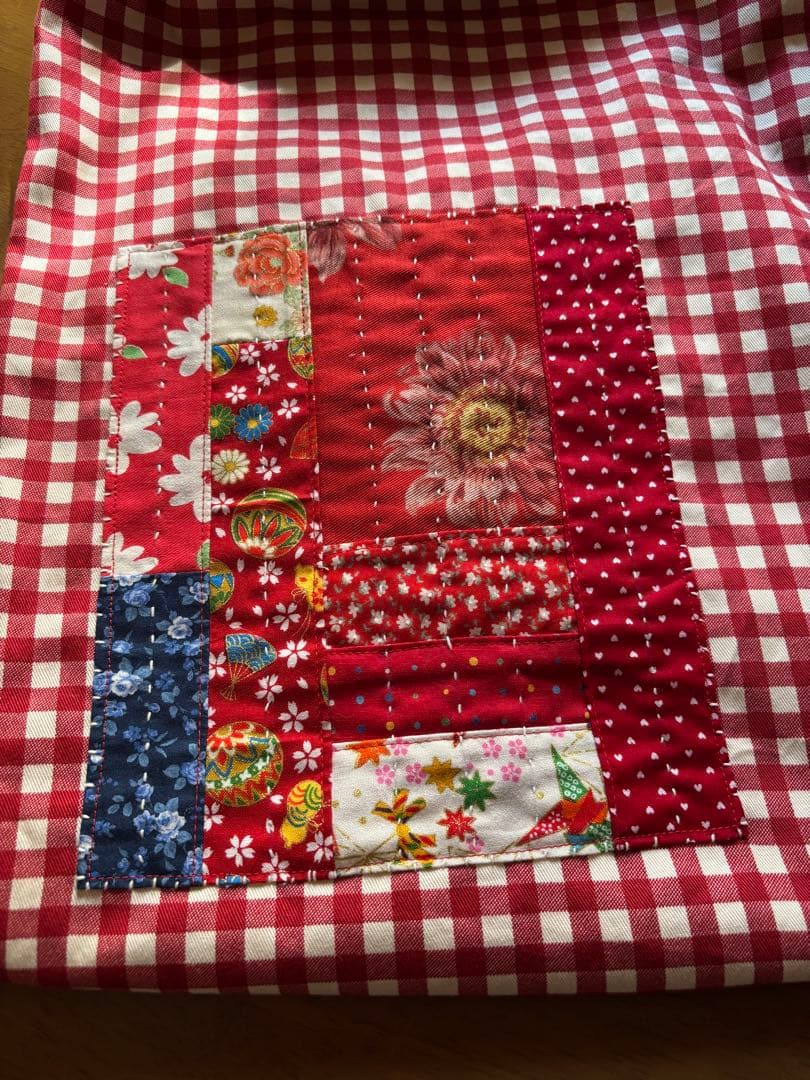 ちくちくもんぺパンツ パッチワーク ギンガムチェック赤