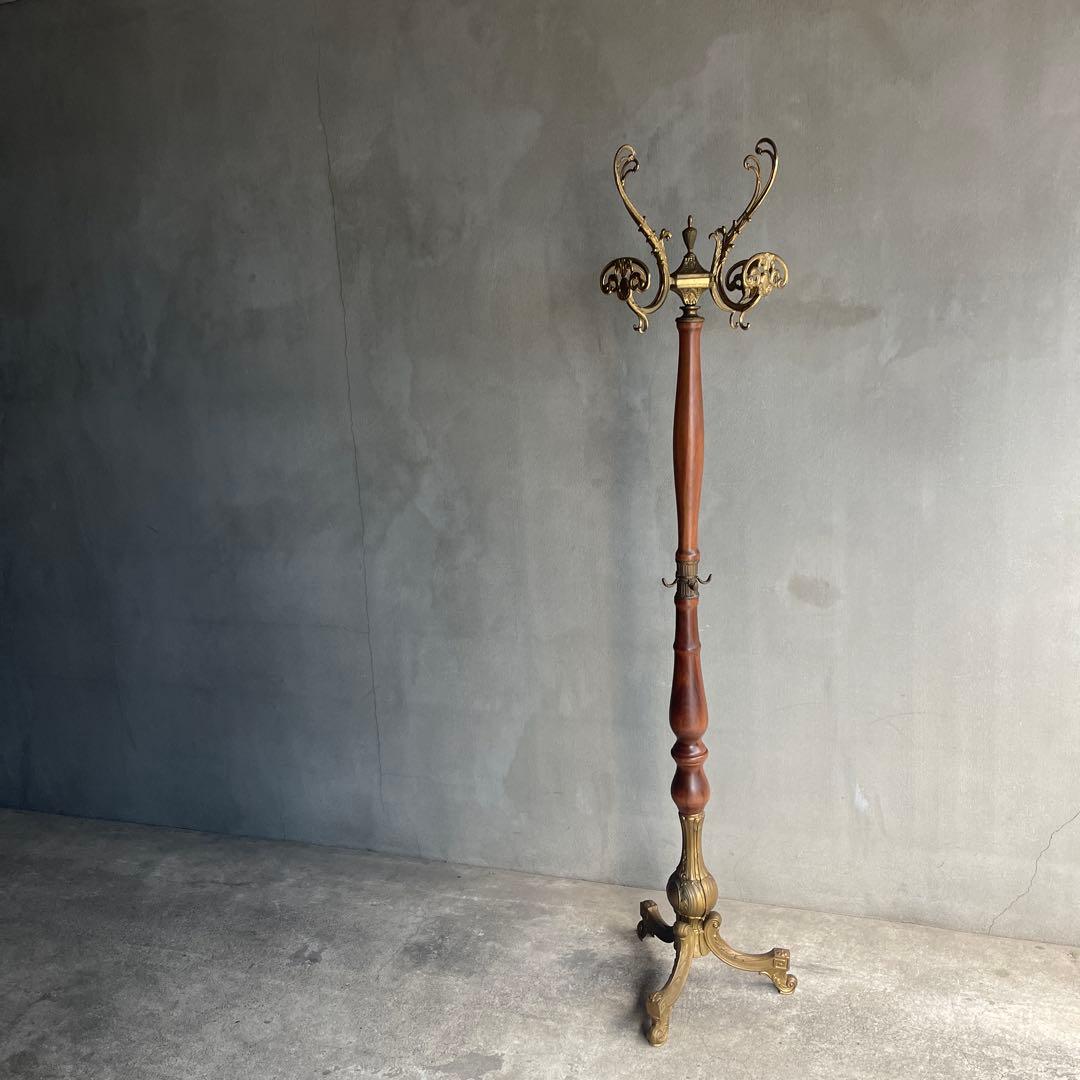 イタリア製 ハンガーポール ハンガーラック 輸入家具 チーク真鍮 ゴールド