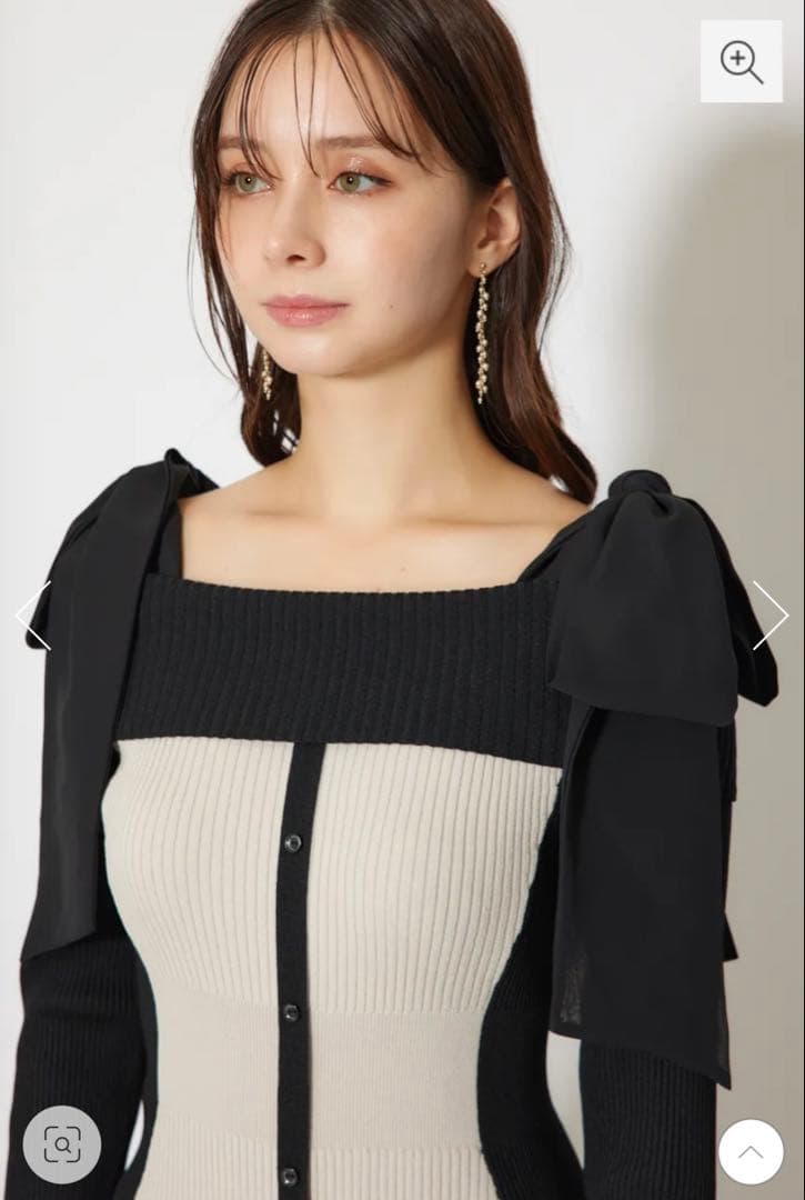 riendaリエンダ　バイカラーオフショルリボンニットワンピース