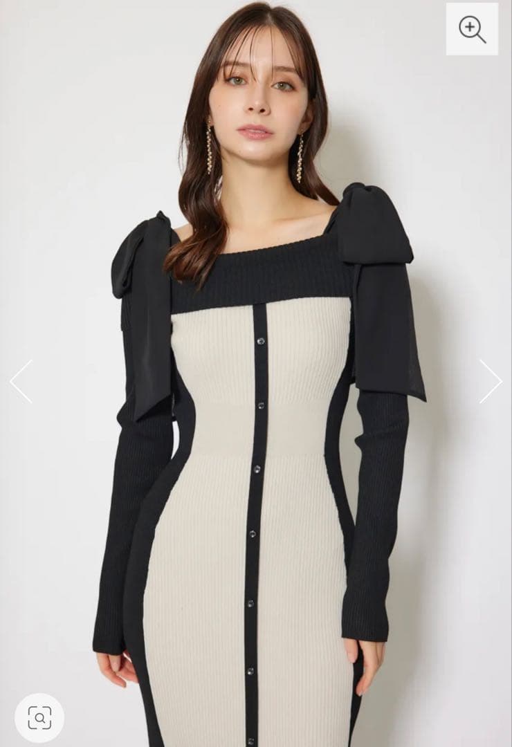 riendaリエンダ　バイカラーオフショルリボンニットワンピース