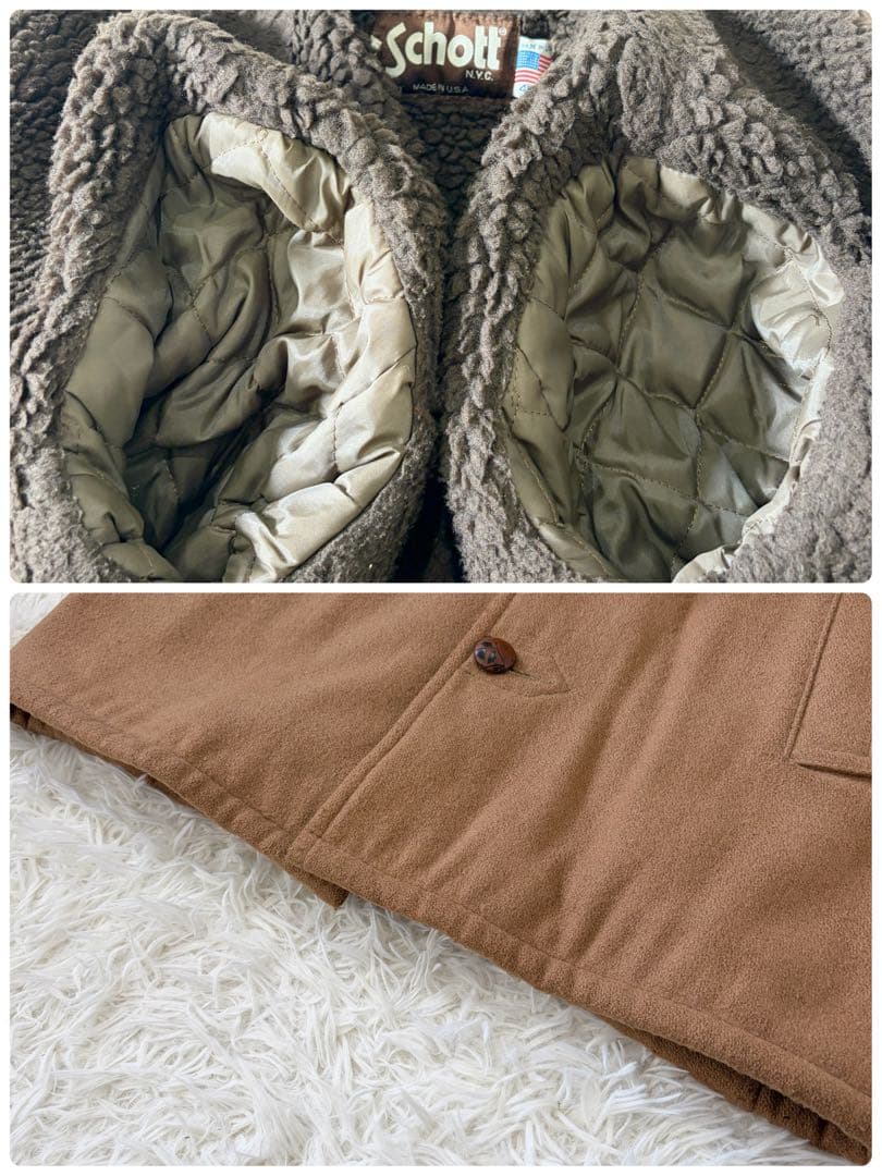 SCHOTT ランチコート ボアジャケット くるみボタン ウール ブラウン L