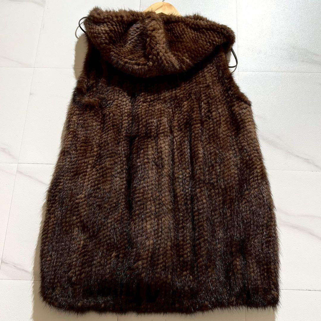 【美品】ミンクファー フード付きベスト ニッティング加工 Lサイズ ドローコード