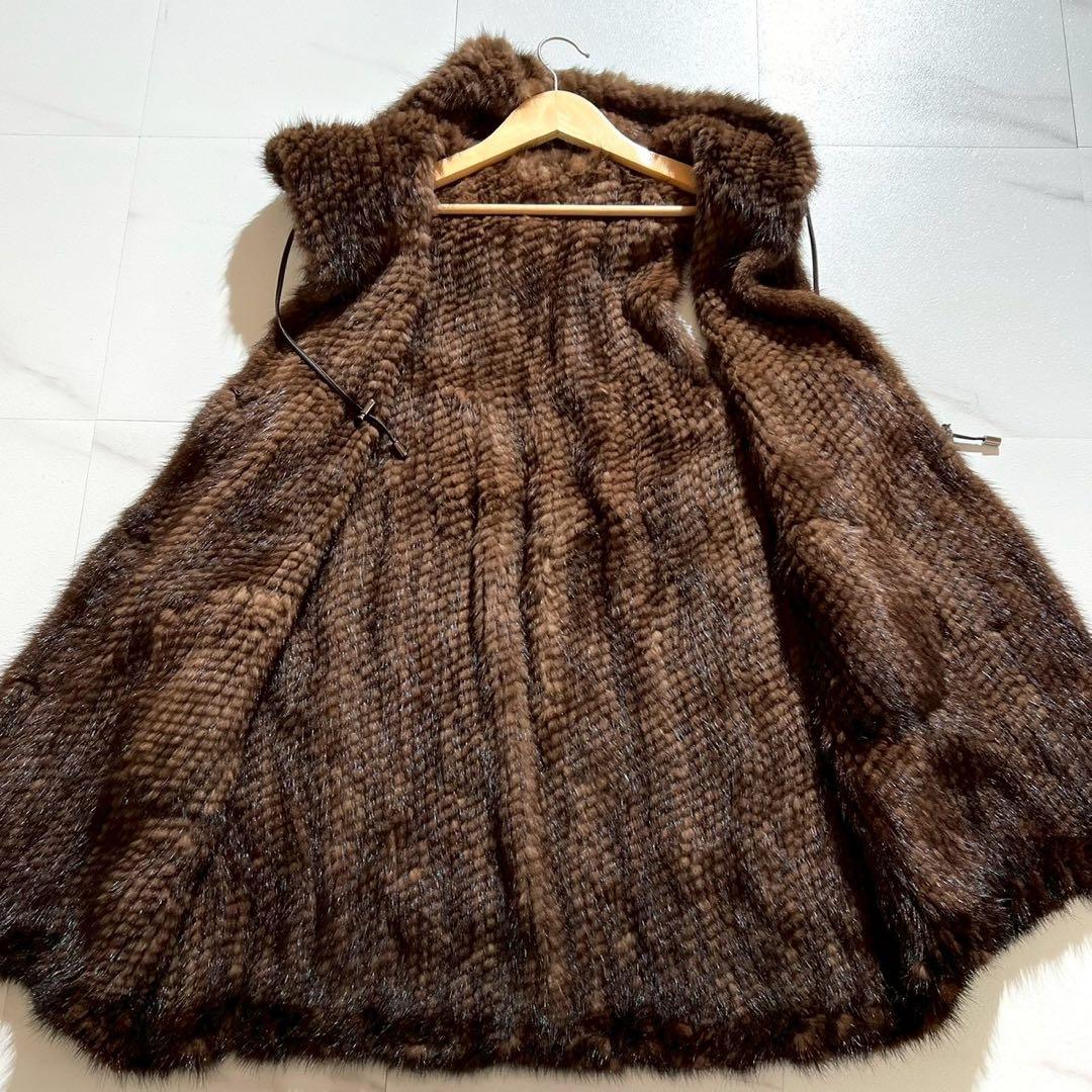 【美品】ミンクファー フード付きベスト ニッティング加工 Lサイズ ドローコード